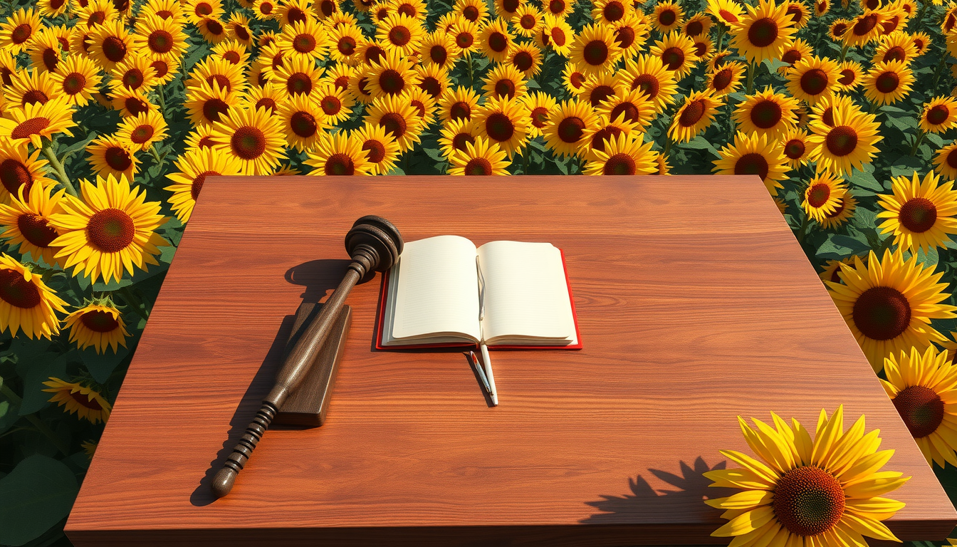 Mesa de juez con libro y martillo sobre eun campo de girasoles representando el aviso legal